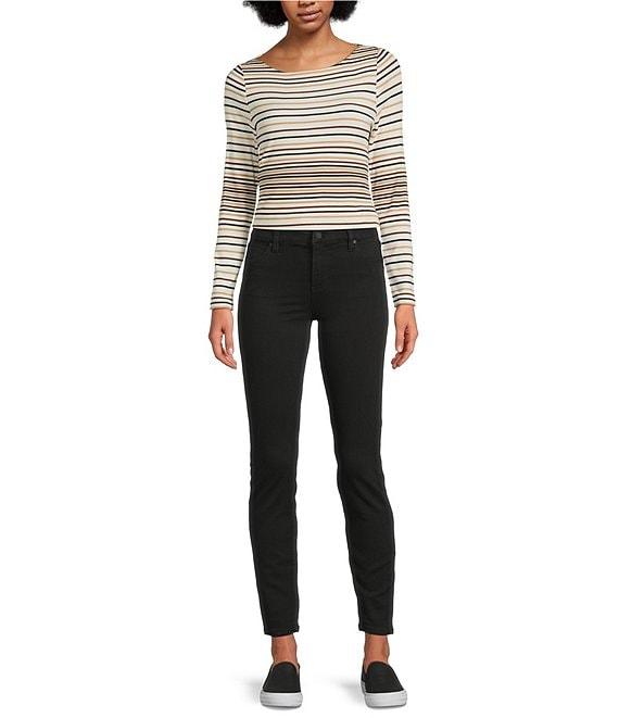 Liverpool Los Angeles Petite Size Rib Knit Stripe Boat Neck Long Sleeve Top Product Image