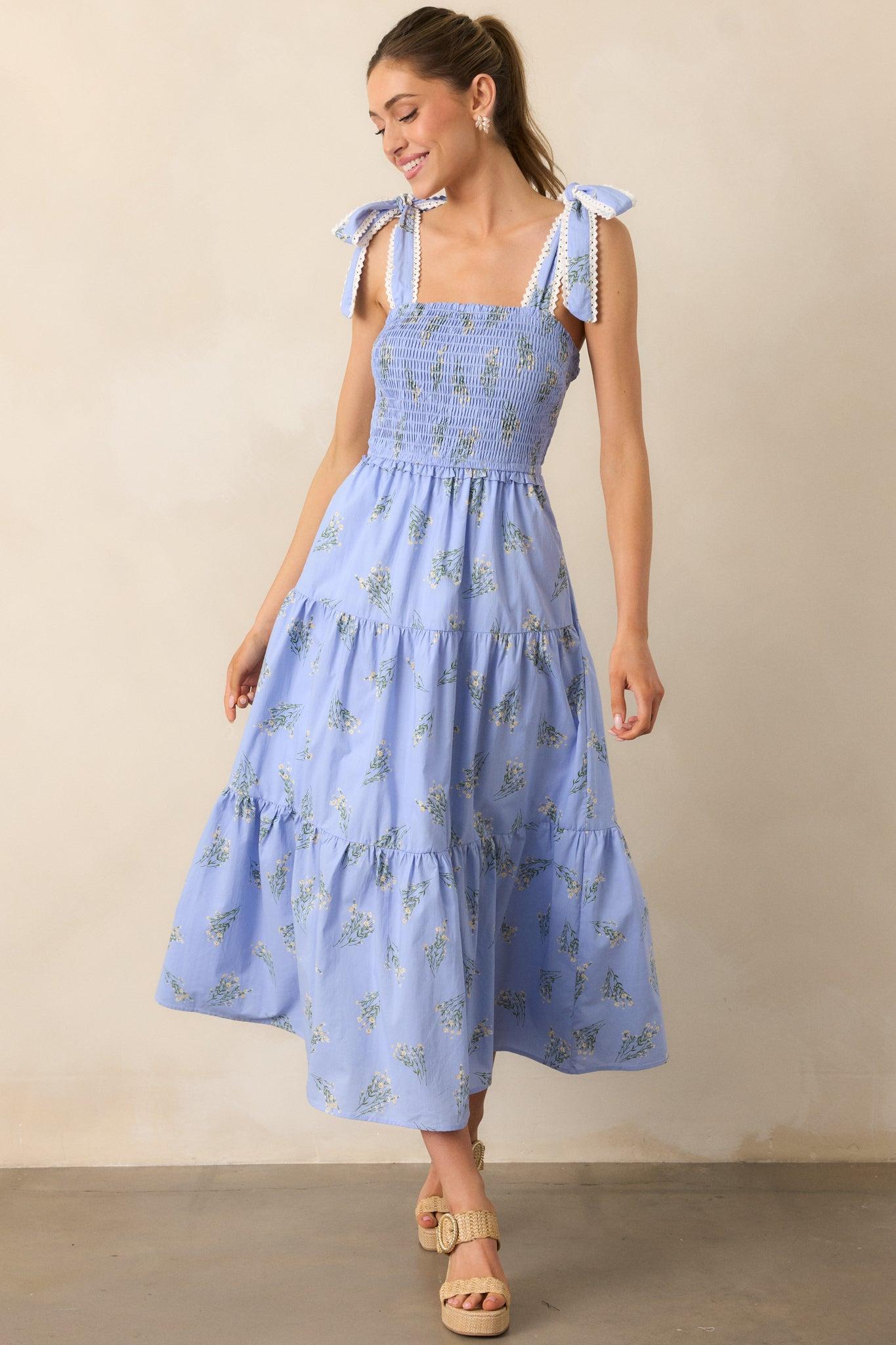 Take Me Away Cotton Periwinkle Floral Smocked Maxi Dress Product Image