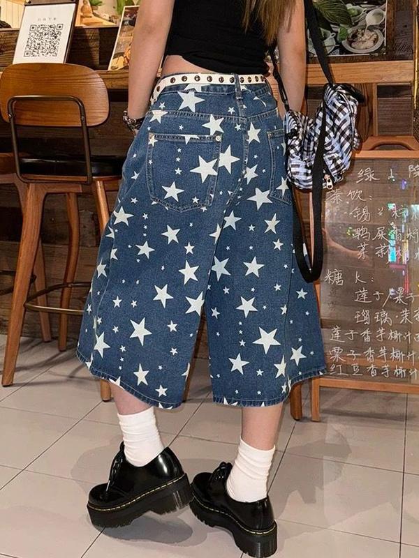 American Retro Five-Pointed Star Rhinestone Denim Shorts Product Image