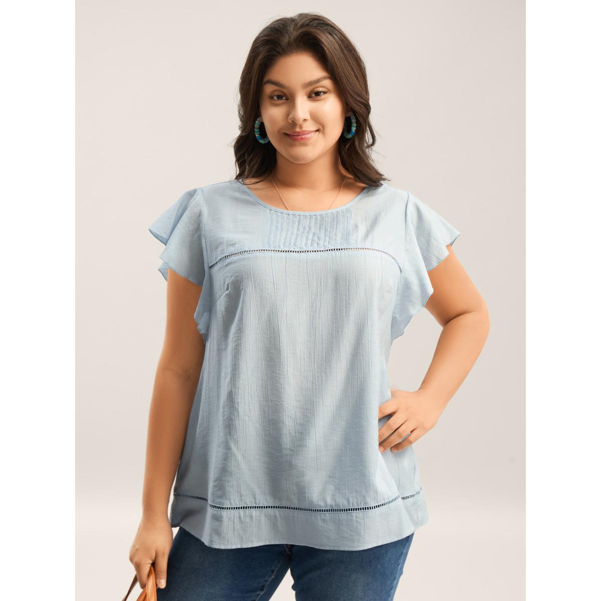 Plus Size LightBlue Supersoft Cotton Linen Blend Ruffled Blouse Women Boho Cap Sleeve Round Neck Vacation Blouses BloomChic 22-24/3X Product Image