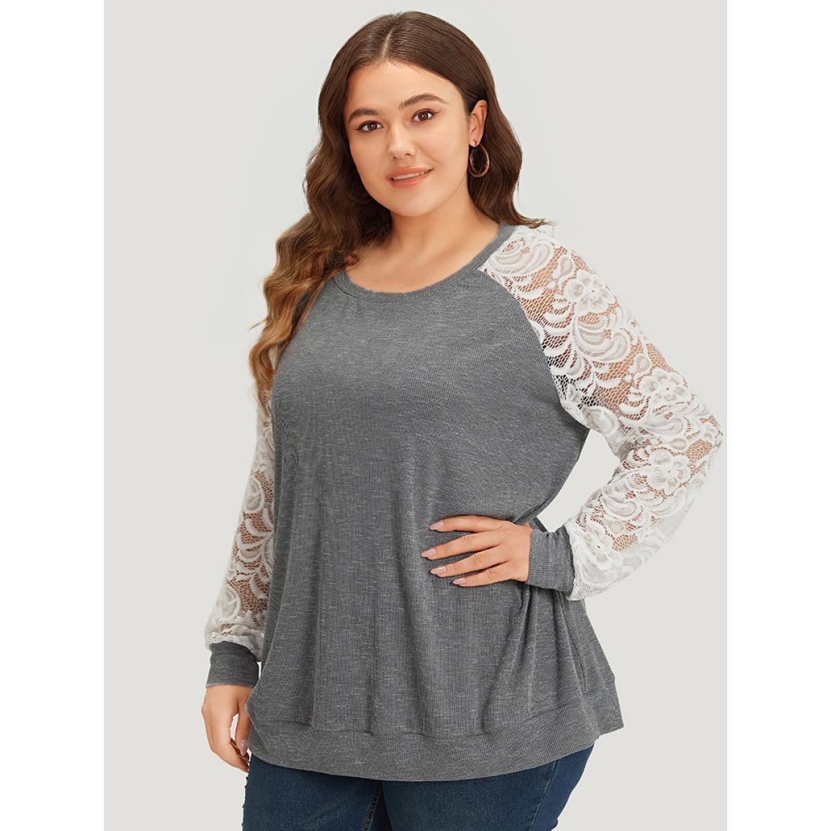 Plus Size Lace Panel Raglan Sleeve Elastic Cuffs Sweatshirt Women Gray Elegant Elastic cuffs Round Neck Dailywear Sweatshirts BloomChic 22-24/3X Product Image