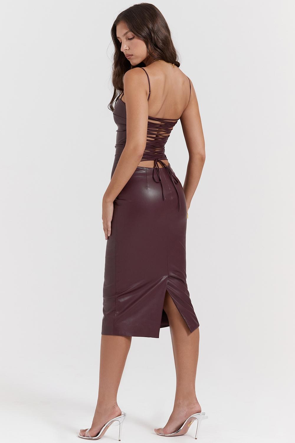 Jalena  mulberry vegan leather lace back dress Product Image