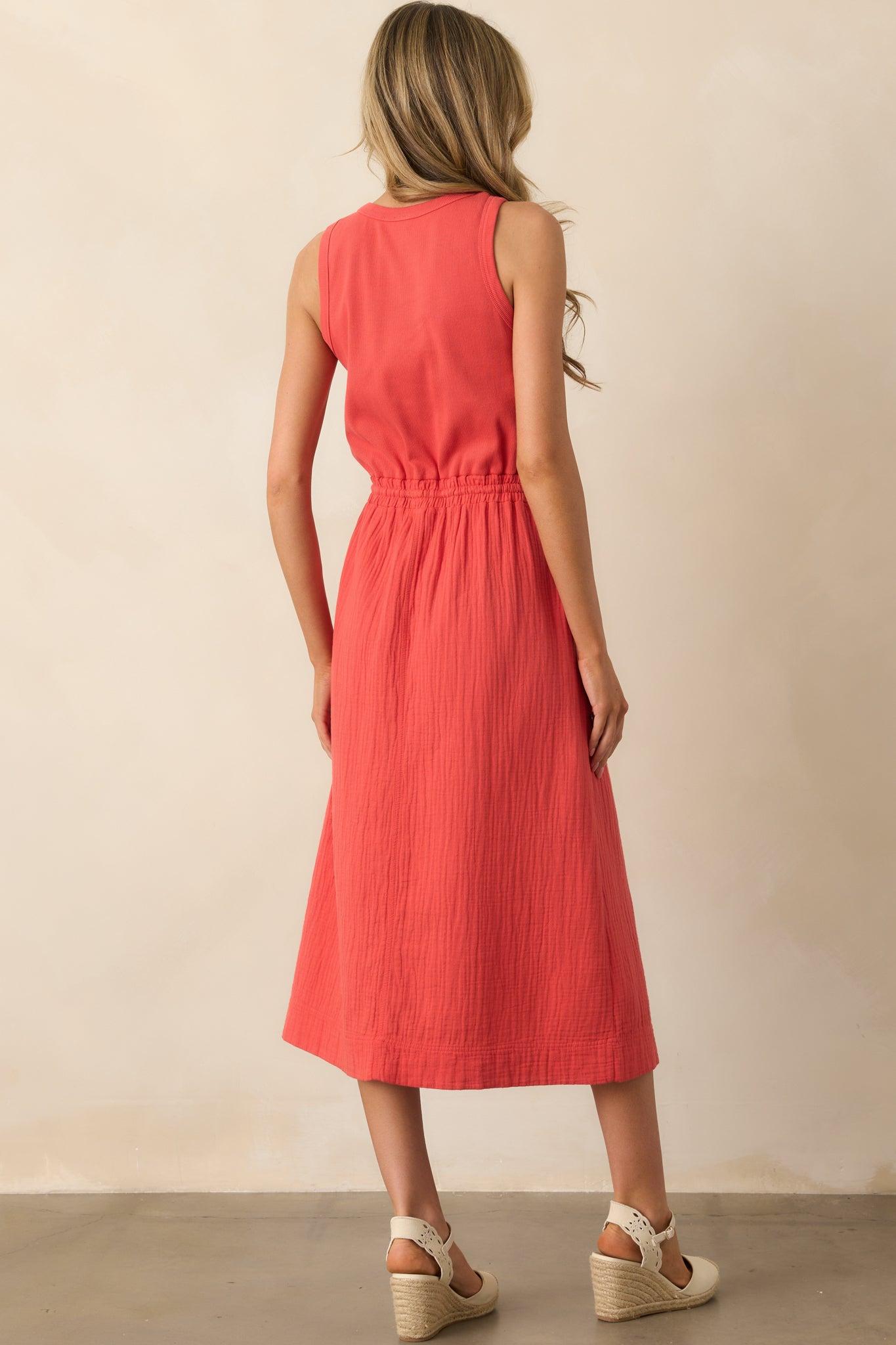 Moving Slowly Tomato Red Cotton Gauze Sleeveless Midi Dress Product Image