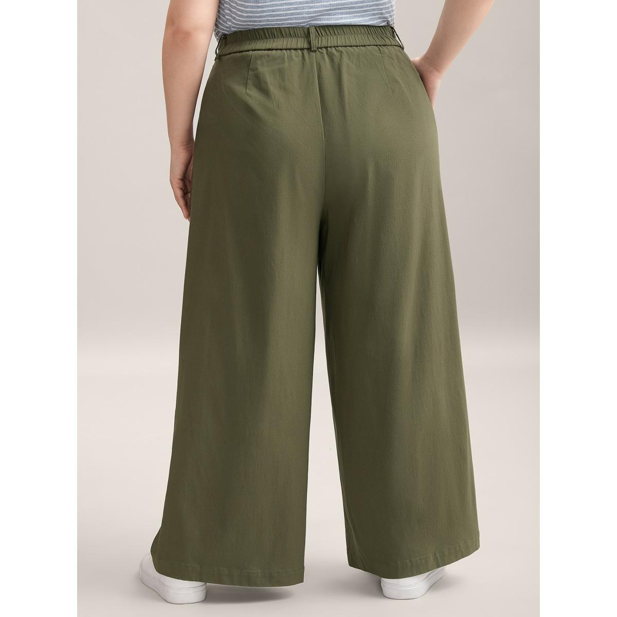 Plus Size Drawstring Pockets Wide-Leg Pants Women ArmyGreen Casual Wide Leg Mid Rise Casual Pants BloomChic 12/L Product Image