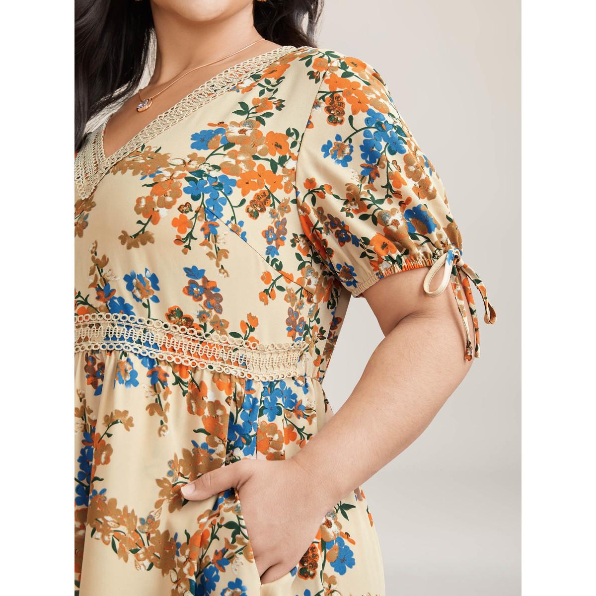 Plus Size Floral Pring Lace Detail Tied Midi Dress Apricot Women Elegant Woven ribbon&lace trim V-neck Short sleeve Curvy BloomChic 18-20/2X Product Image