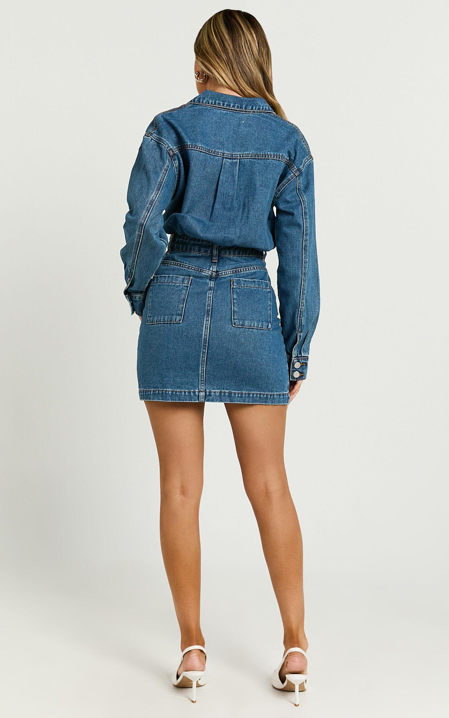 Kamala Mini Dress - Long Sleeve Button Through Denim Dress in Dark Blue Wash Product Image