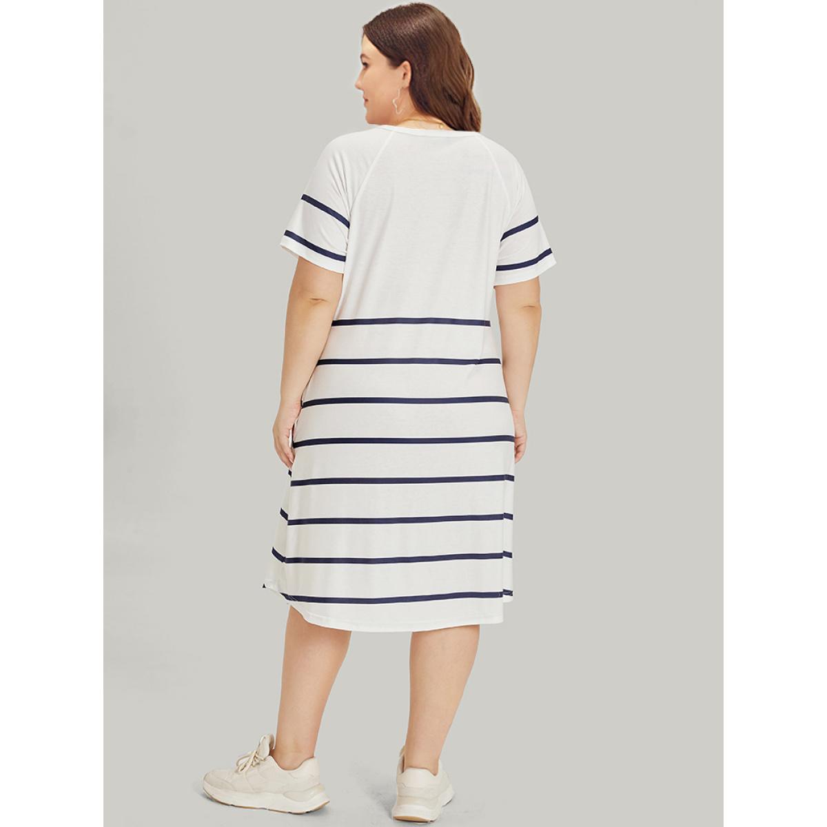 Plus Size Striped Button Through Pocket Raglan Sleeve Dress White Women Casual Contrast Round Neck Short sleeve Curvy Midi Dress BloomChic 28/5X Product Image
