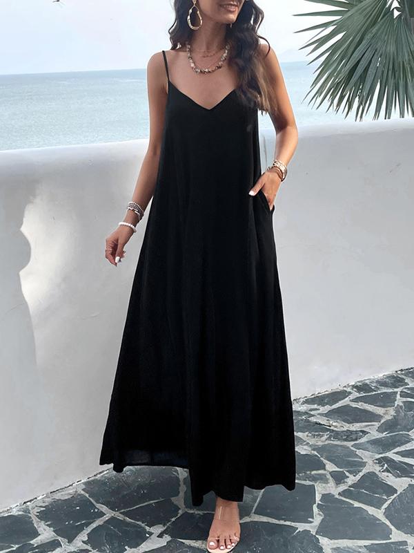 Loose Sleeveless Pleated Solid Color Split-Joint Spaghetti-Neck Maxi Dresses Product Image