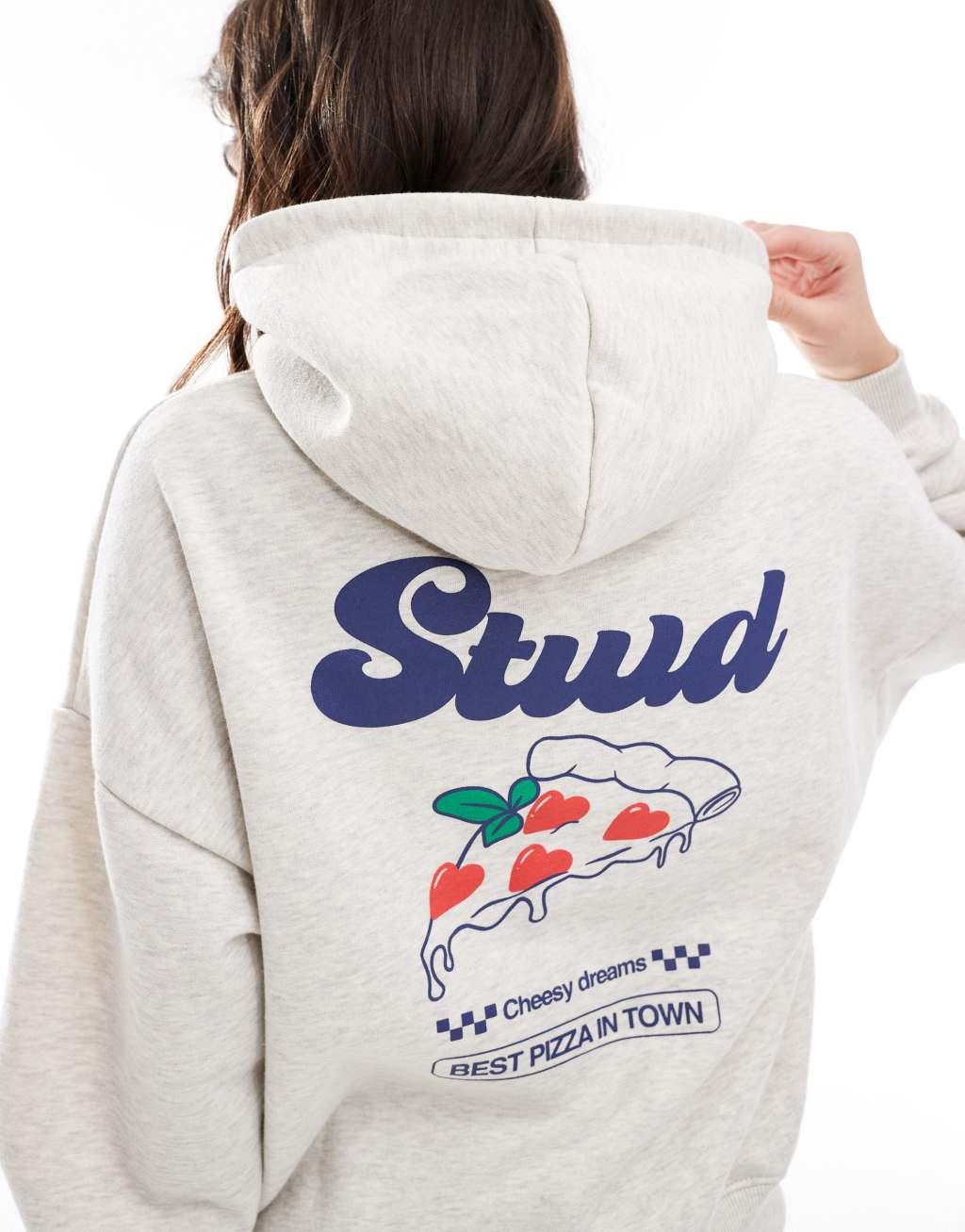 Pull&Bear STWD pizza graphic oversized hoodie in gray heather Product Image