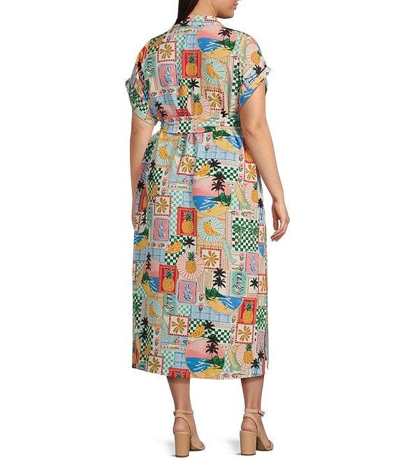 Skies Are Blue Plus Postcard Print Short Sleeve Midi Dress Product Image