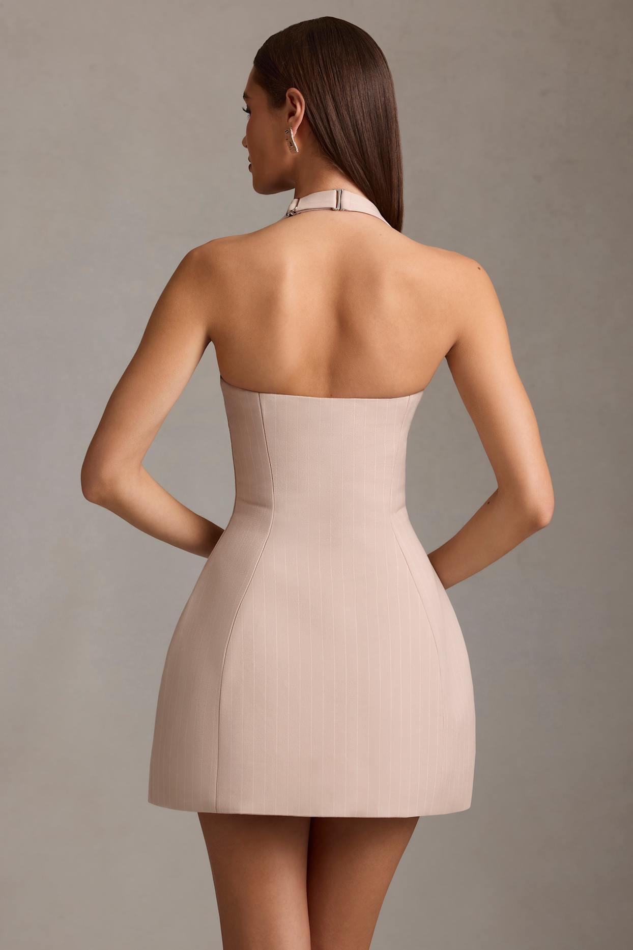 Pinstripe Halterneck Structured A-Line Mini Dress in Mushroom Product Image