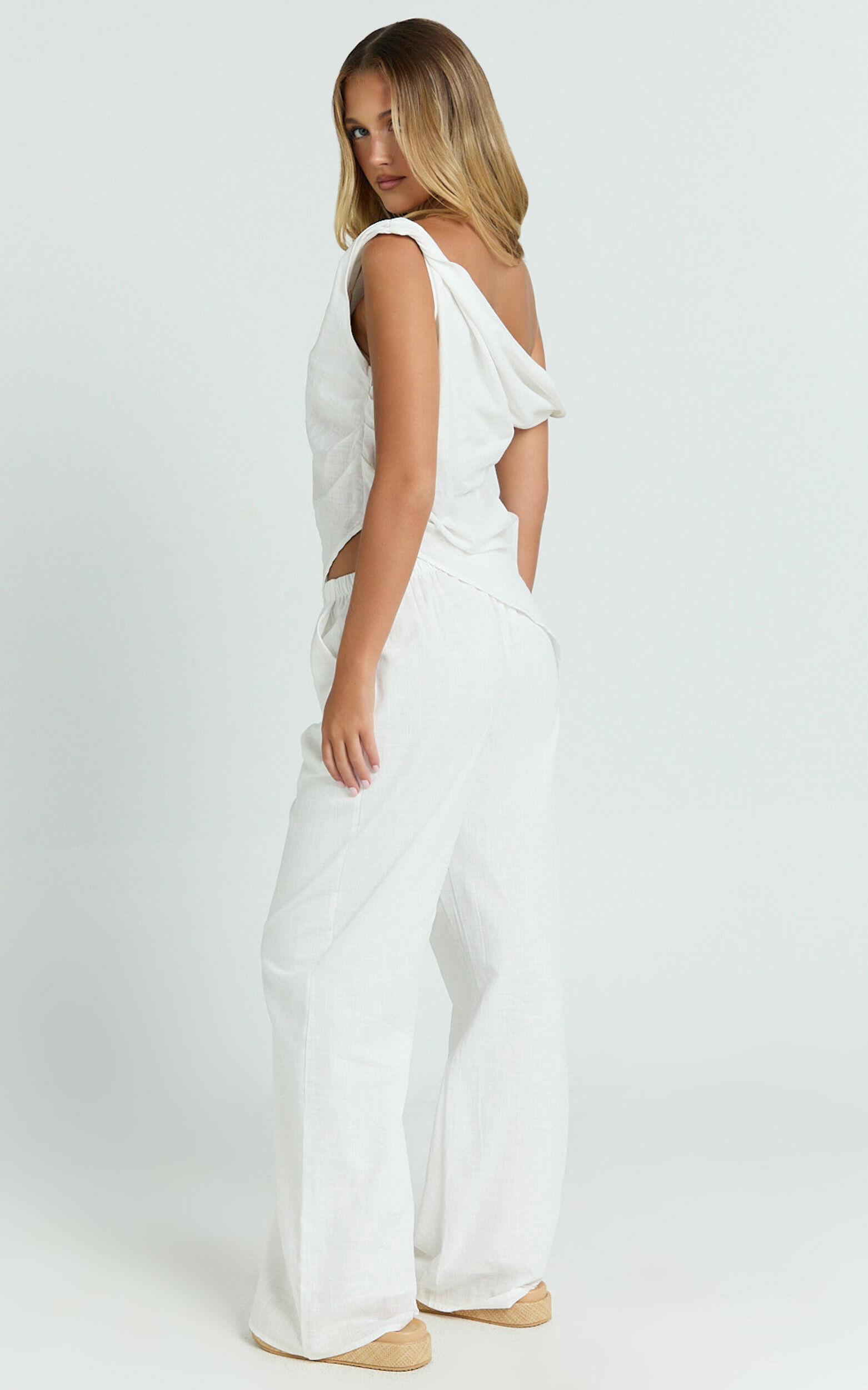Annalie Two Piece Top and Pants Set - Off Shoulder Linen Set in White Product Image