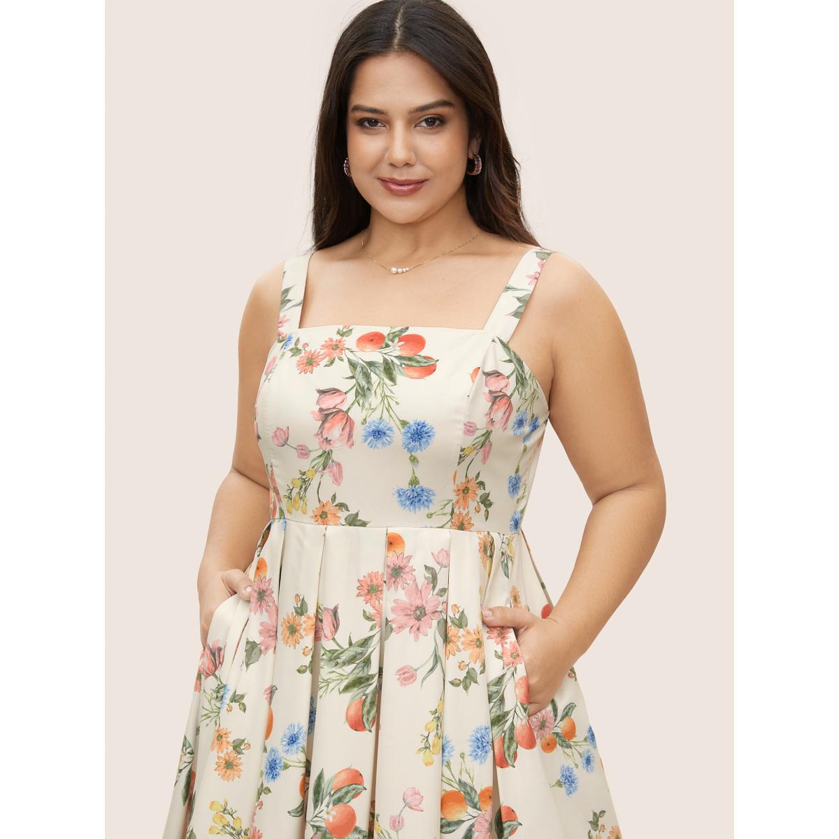Plus Size Citrus Orange Print Plicated Detail Cami Dress Apricot Women Elegant Pleated Non Sleeveless Curvy BloomChic 18-20/2X Product Image