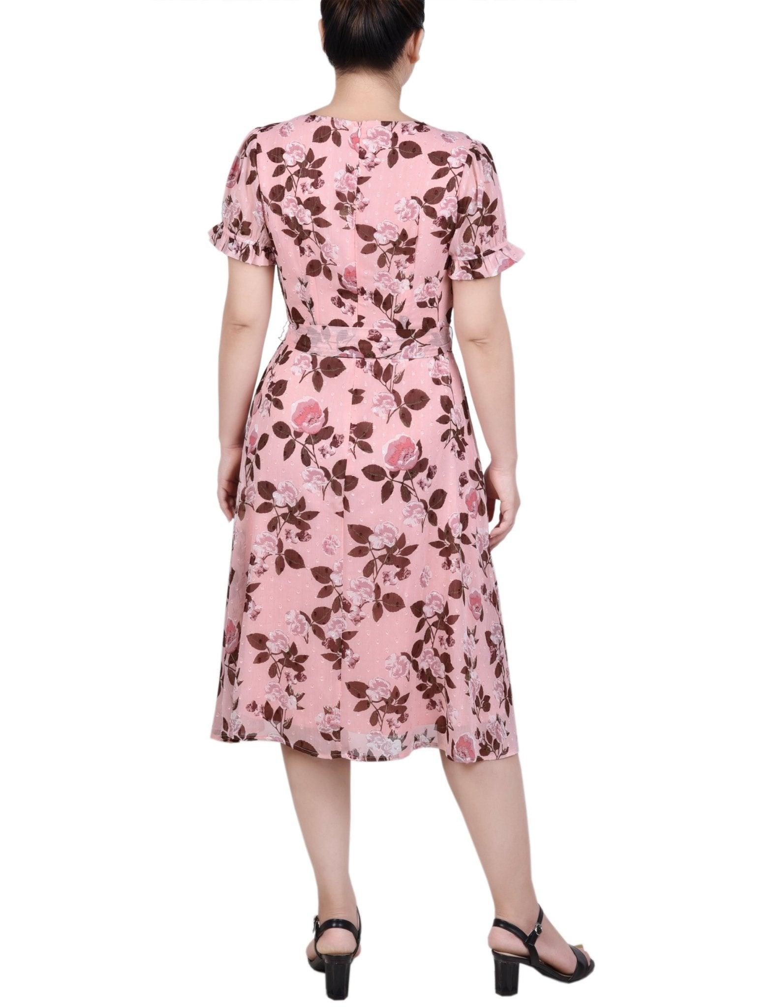 Mauve Floral Short Sleeve Belted Swiss Dot Dress - Petite Product Image