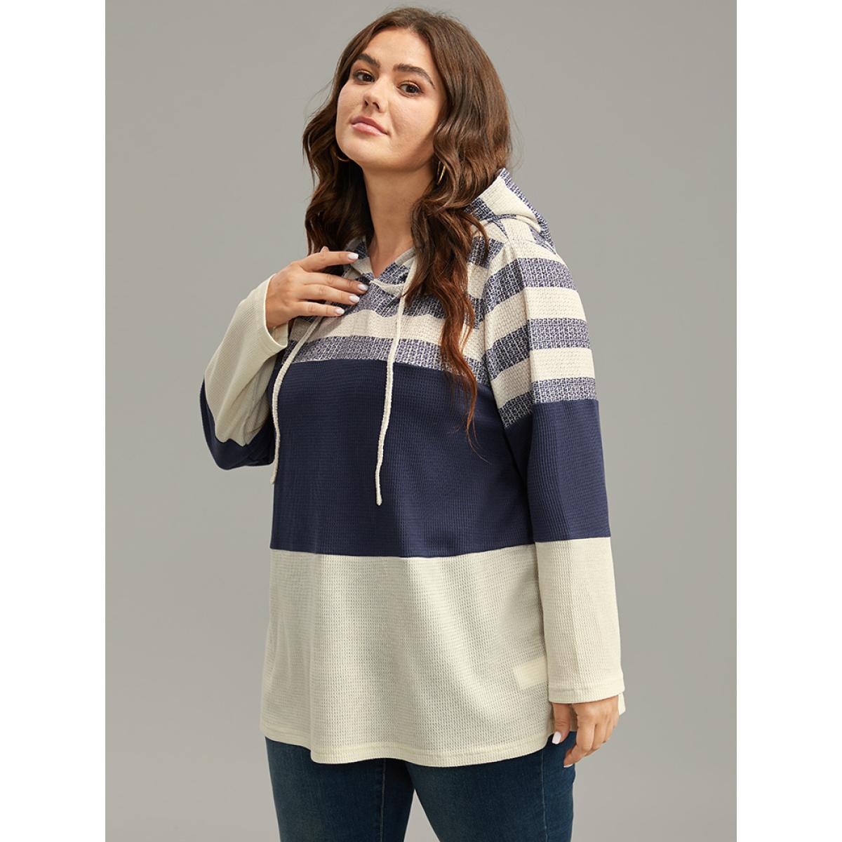 Plus Size Waffle Knit Striped Colorblock Hooded Sweatshirt Women Indigo Casual Contrast Hooded Dailywear Sweatshirts BloomChic 14-16/1X Product Image
