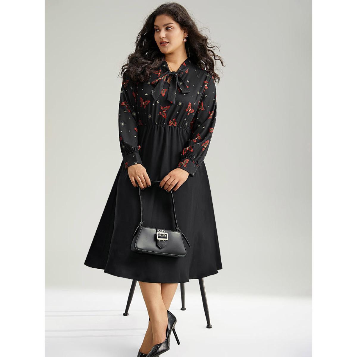 Plus Size Christmas Butterfly Patchwork Tie Neck Dress Black Women Office Cross straps Tie Neck Long Sleeve Curvy Midi Dress BloomChic 28/5X Product Image