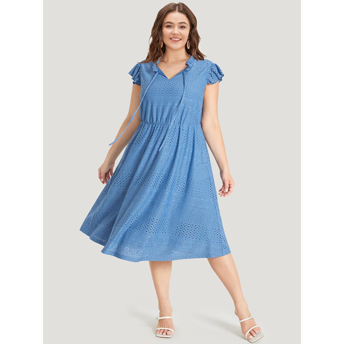 Plus Size Plain Pocket Ruffle Tie Neck Cap Sleeve Broderie Anglaise Dress Blue Women Elegant Lined Tie Neck Cap Sleeve Curvy Midi Dress BloomChic 18-20/2X Product Image