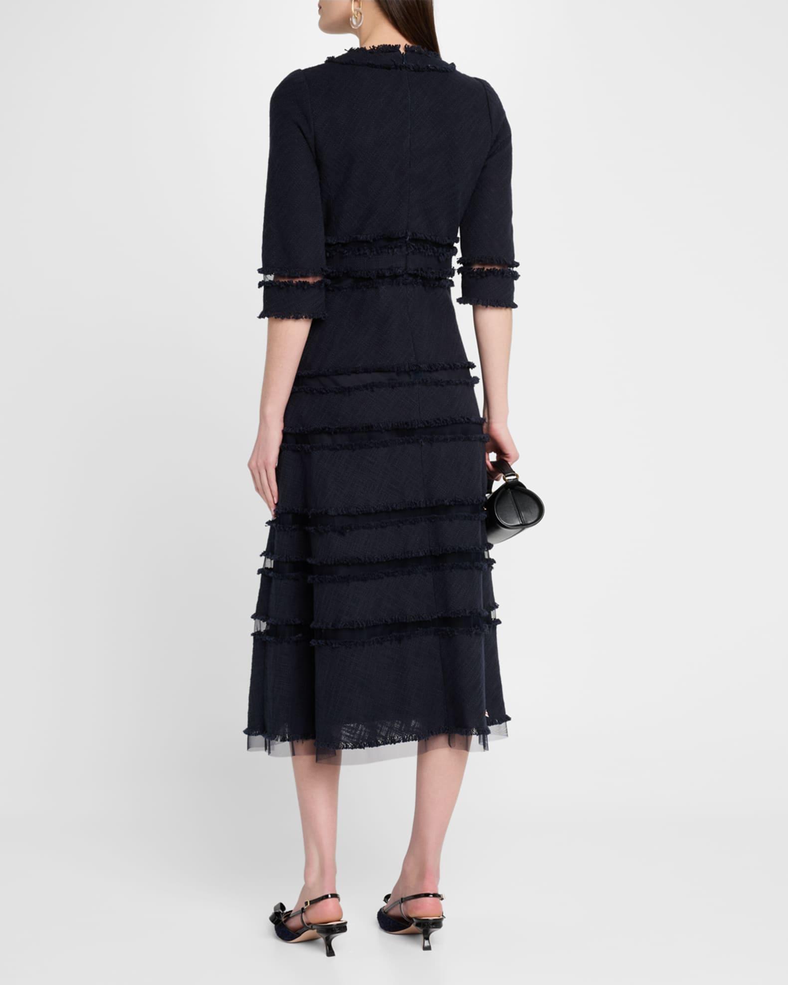 3/4-Sleeve Fringed Tulle-Inset Midi Dress Product Image