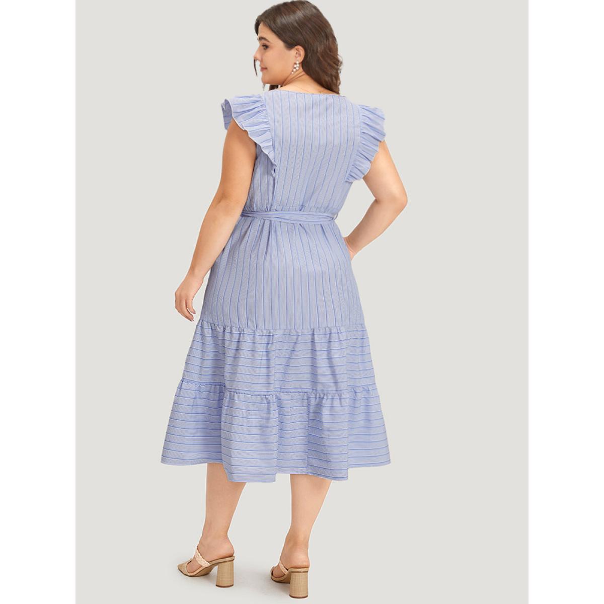 Plus Size Striped Surplice Neck Belted Ruffle Cap Sleeve Dress Stone Women Vacation Belted V-neck Cap Sleeve Curvy Midi Dress BloomChic 28/5X Product Image