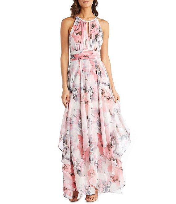 R & M Richards Halter Keyhole Neck Sleeveless Ruched Waist Floral Print Chiffon Gown Product Image
