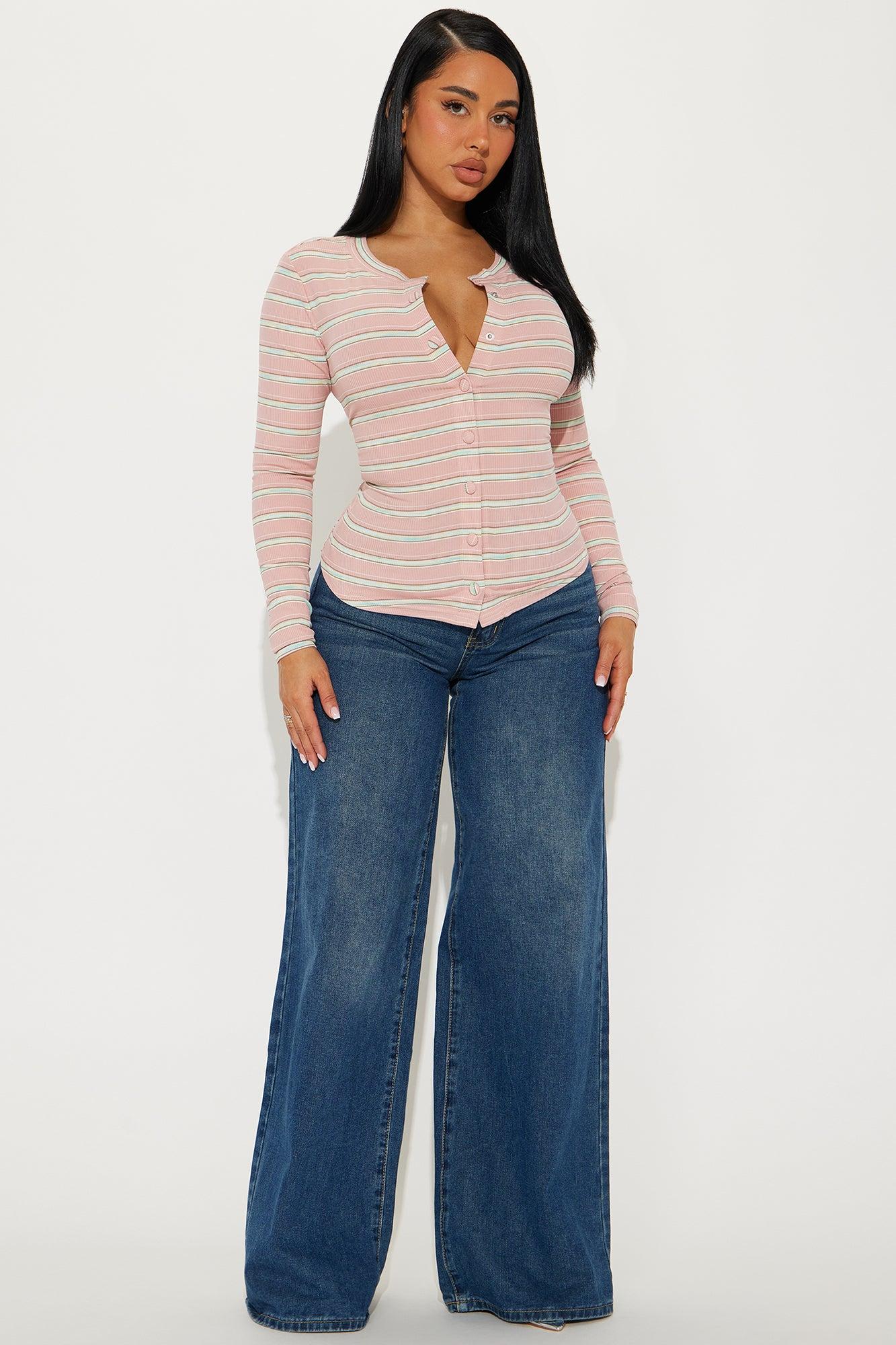 Sara Striped Button Front Top - Pink/combo Product Image
