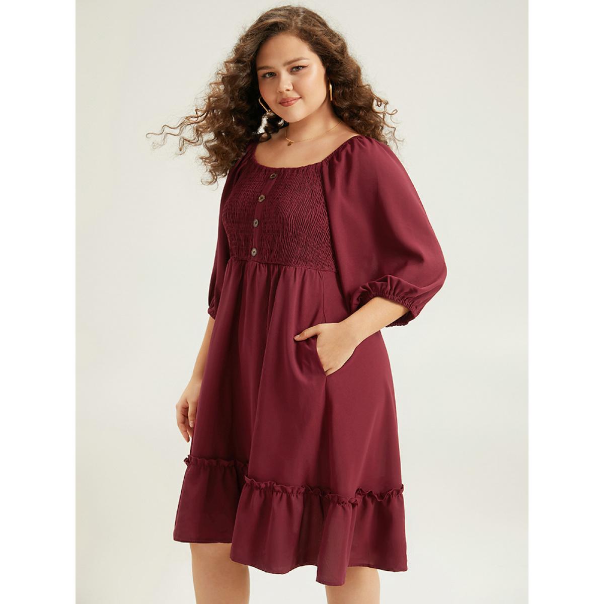Plus Size Shirred Pocket Button Detail Frill Trim Dress Burgundy Women Casual Elastic cuffs Square Neck Elbow-length sleeve Curvy Knee Dress BloomChic 22-24/3X Product Image
