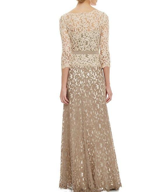 Tadashi Shoji Illusion Boat Neck 3/4 Sleeve Two Tone Floral Lace Scallop Hem Belted Gown Product Image