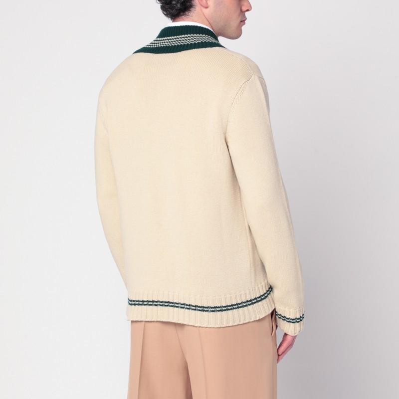 VALENTINO Embroidered V-neck Crewneck Sweater With Ribbed Trim In White Product Image