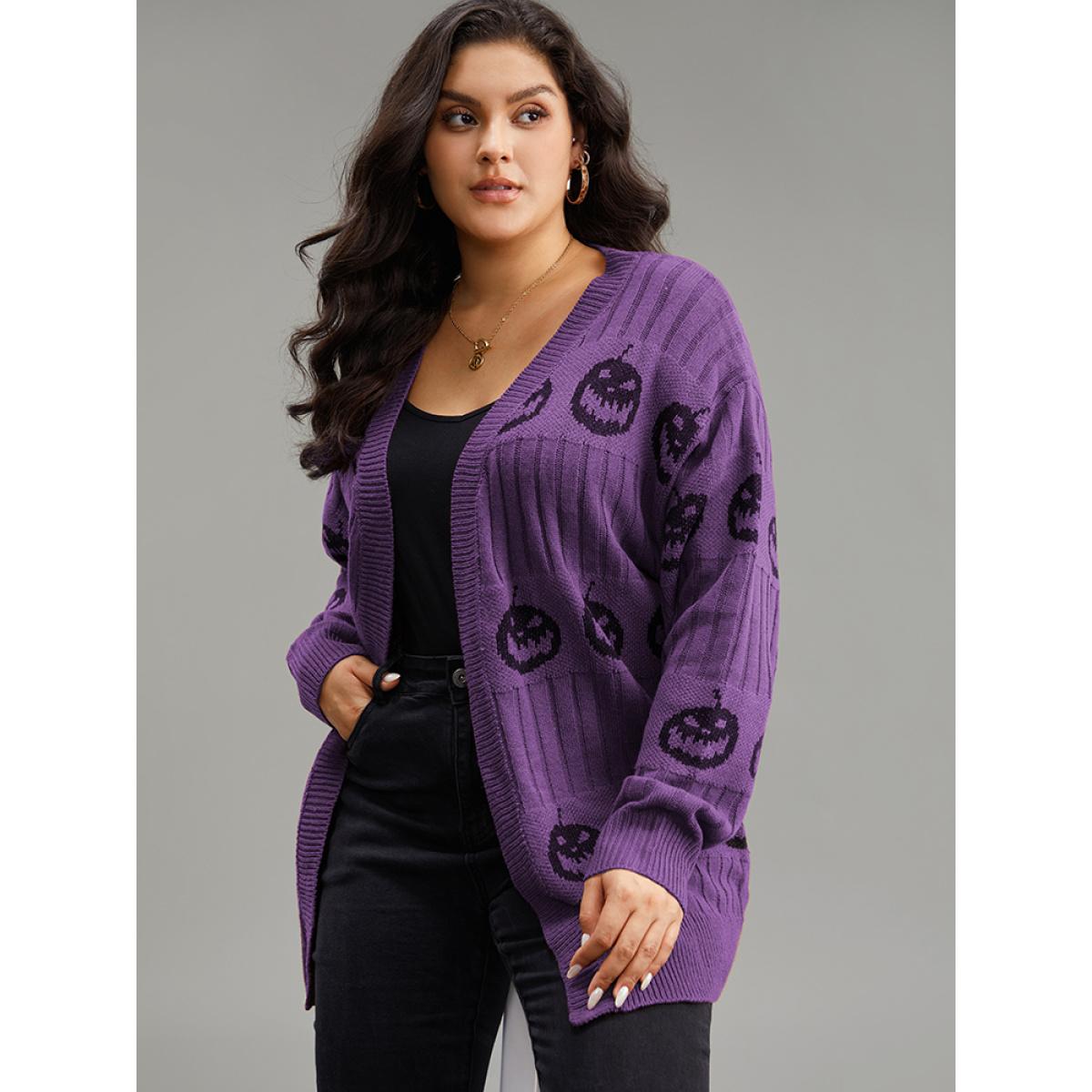 Plus Size Halloween Pumpkin Graphic Open Front Cardigan Purple Women Casual Loose Long Sleeve Festival-Halloween Cardigans BloomChic 28/5X Product Image