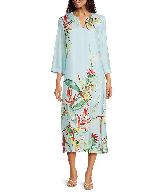 J.McLaughlin Roni Floral Print Split V-Neck 3/4 Sleeve Midi Dress Product Image