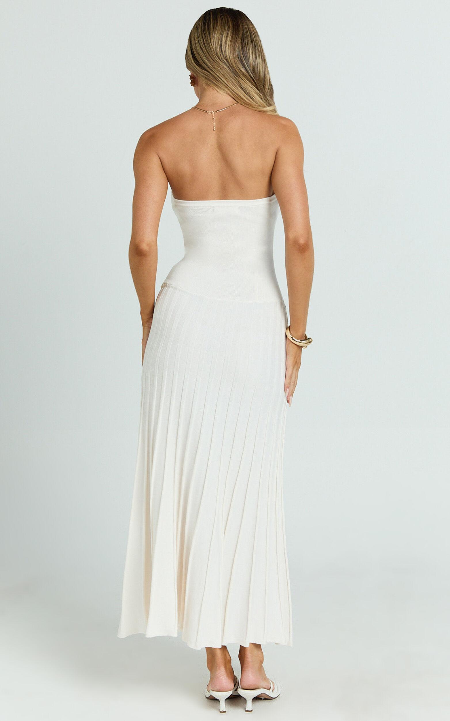 Paris Midi Dress - Strapless Drop Waist Pleated Knit Dress in White Product Image