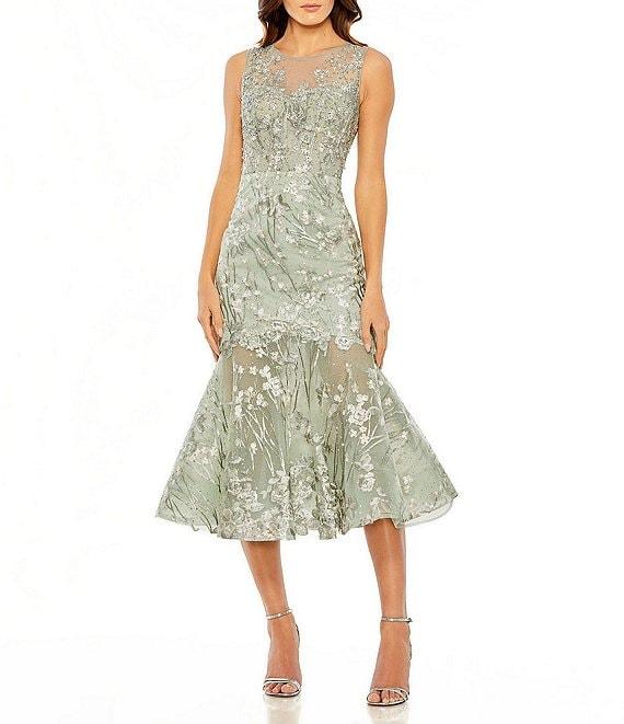 Mac Duggal Sleeveless Embroidered Illusion Ruffle Hem Midi Dress Product Image