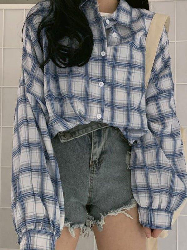 Checkered Puff Sleeve Button Blouse Product Image