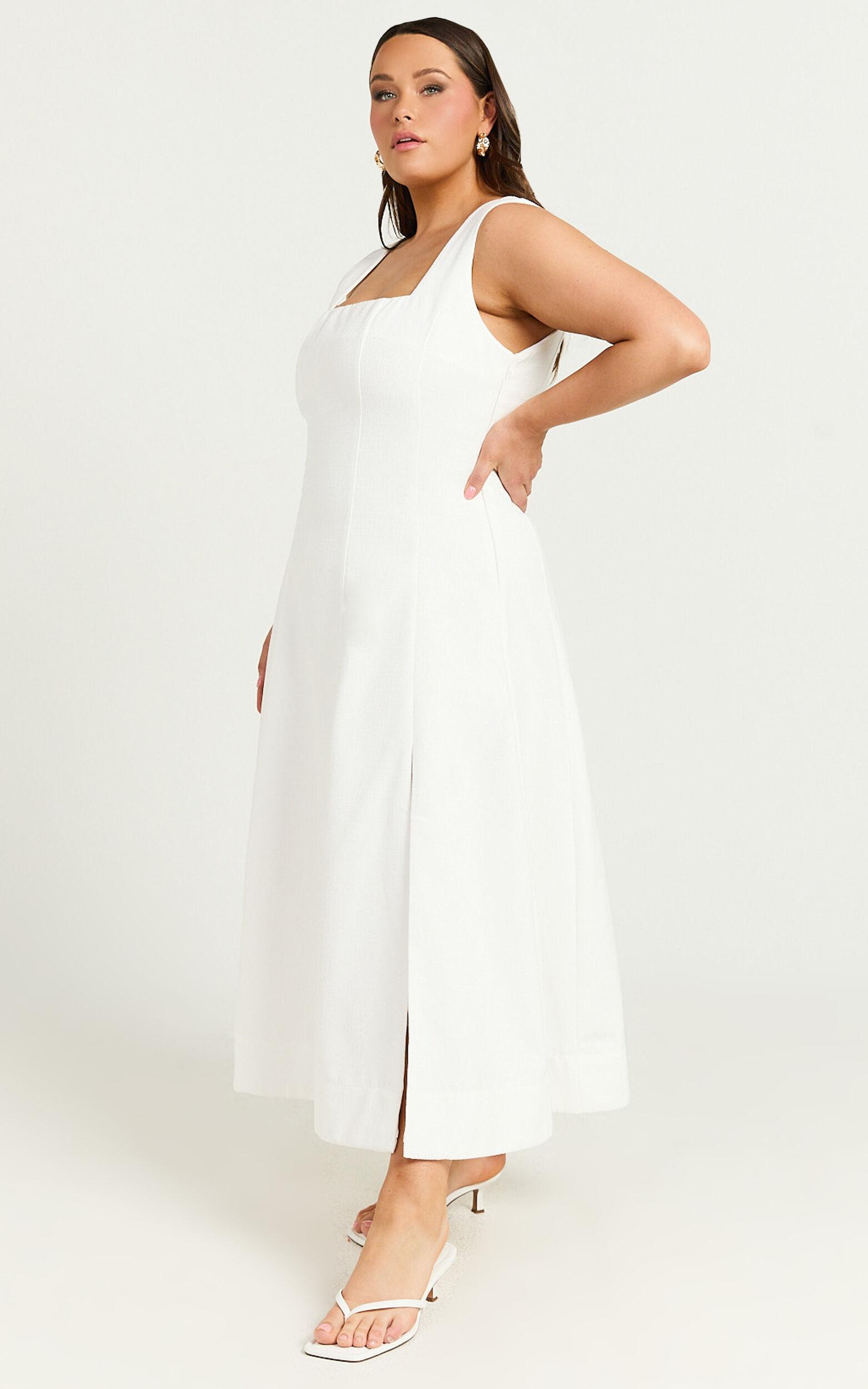 Walters Midi Dress - Square Neck Shirred Back Fit and Flare Panel Dress in White Product Image