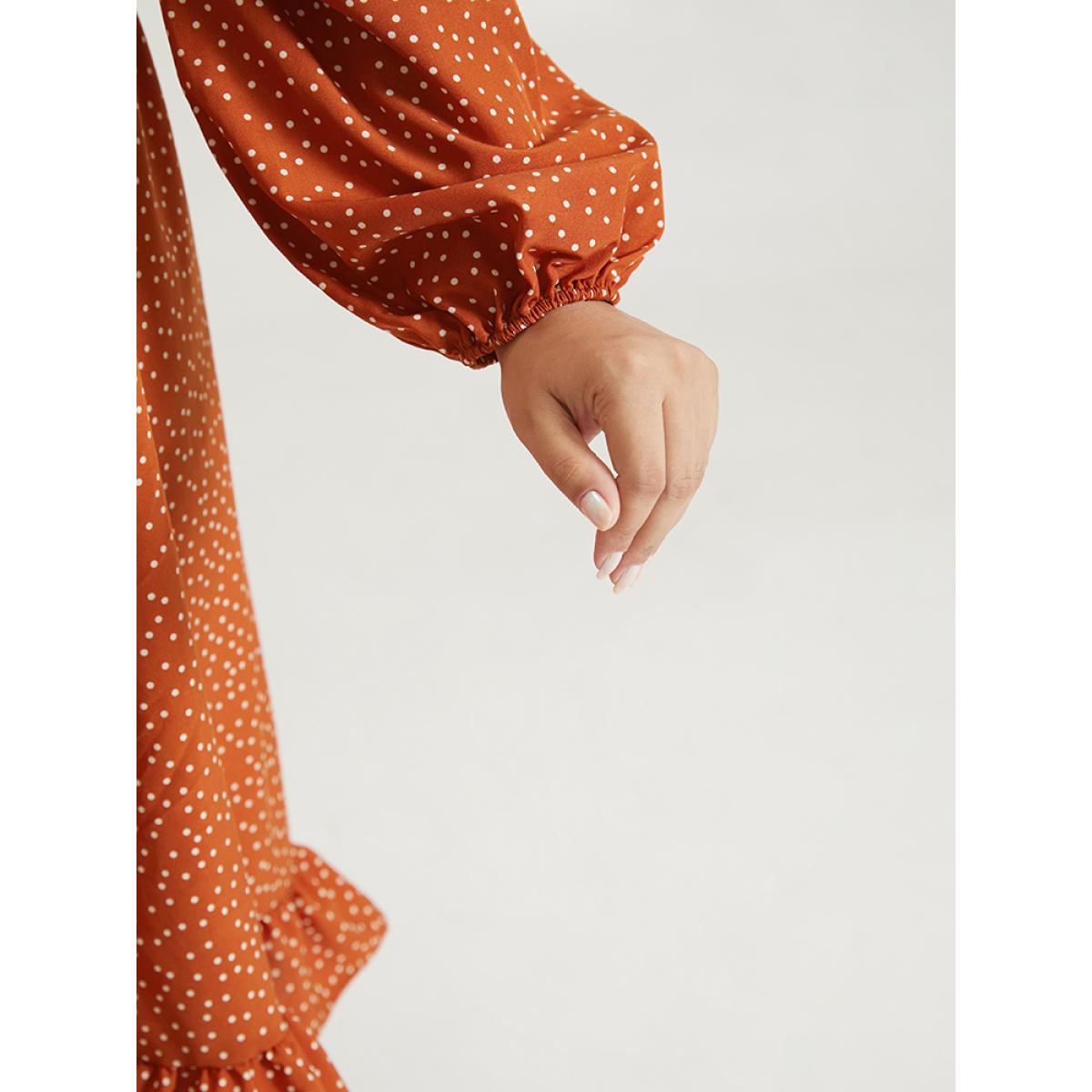 Plus Size Polka Dot Ruched Square Neck Dress Rust Women Elegant Elastic cuffs Square Neck Long Sleeve Curvy Midi Dress BloomChic 12/L Product Image