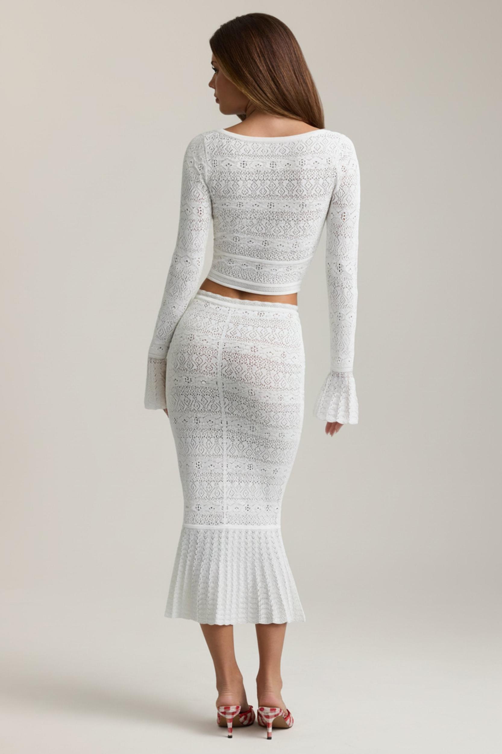 Ruffle-Trim Pointelle-Knit Midaxi Skirt in White Product Image