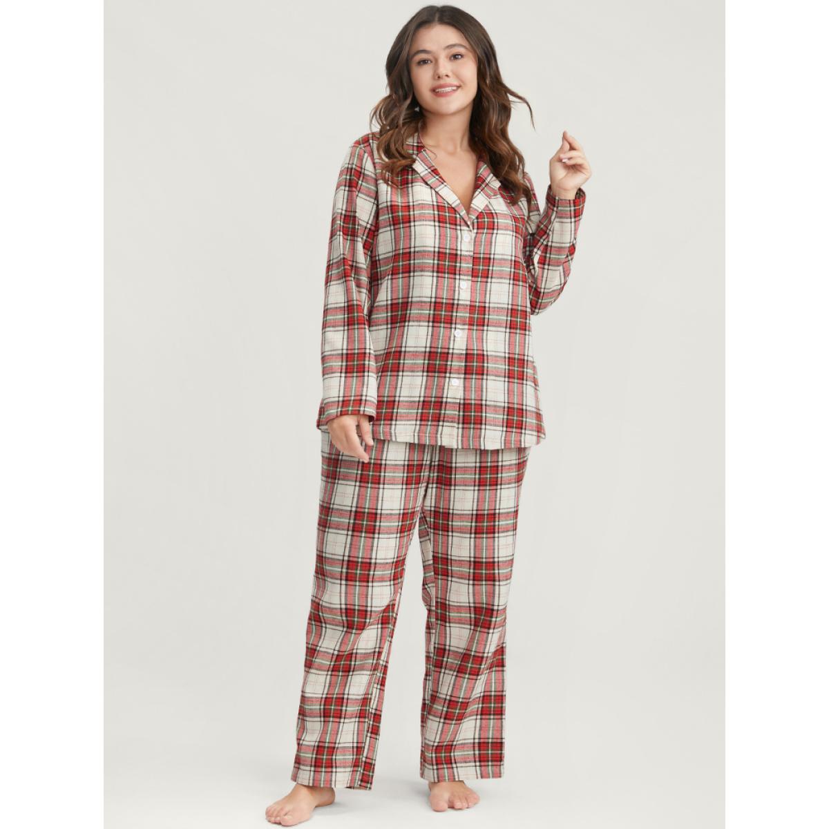 Plus Size Plaid Lapel Collar Button Up Pajama Set Women Scarlet Plaid Elastic Waist Long Sleeve Lapel Collar Casual Loungewear Sets BloomChic 14-16/1X Product Image