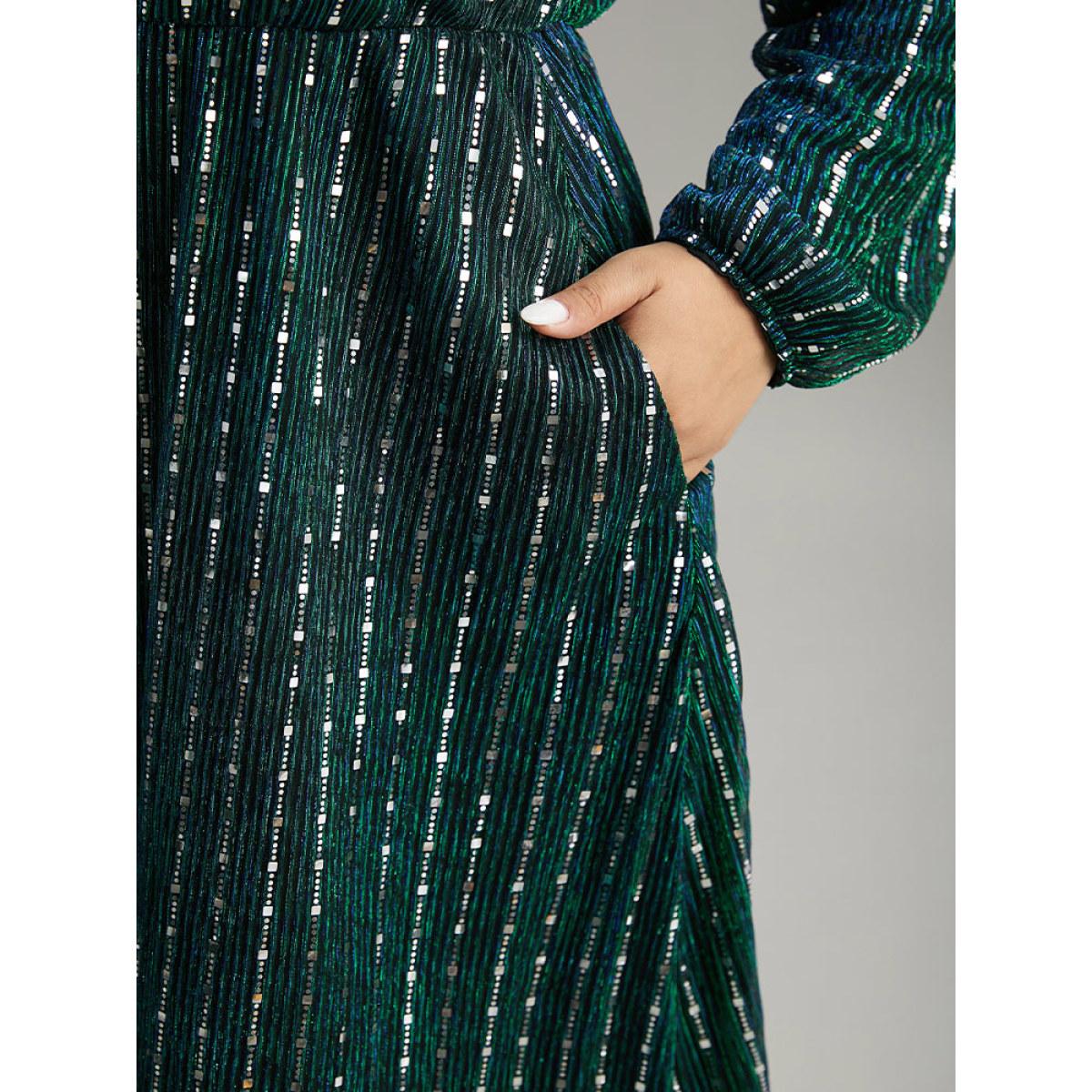 Plus Size Sequin Mesh V Neck Elastic Waist Dress DarkSlateGray Women Cocktail Sequin V-neck Long Sleeve Curvy Midi Dress BloomChic 22-24/3X Product Image