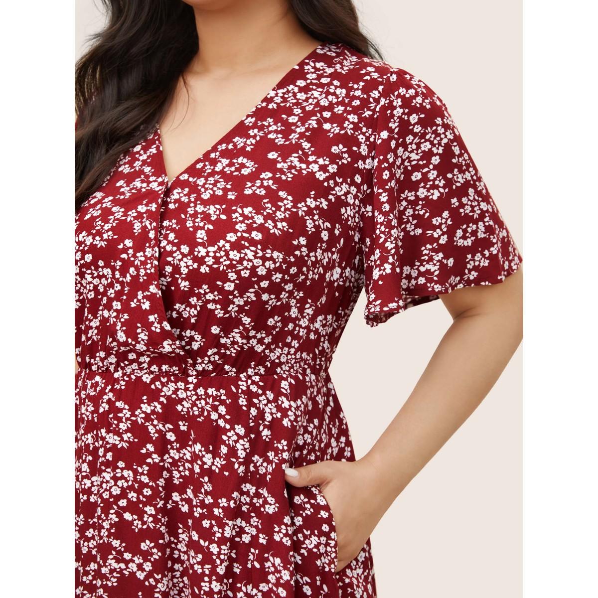 Plus Size Bloom Dress - Flutter Sleeve Ditsy Floral Pocket Split Maxi Dress LightGreen Women Romantic Slit V-neck Half Sleeve Curvy Long Dress BloomChic 10/M Product Image