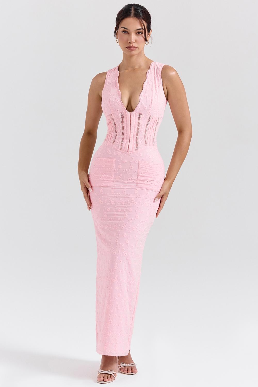 Sophina  perfectly pink broderie anglais plunge maxi dress Product Image