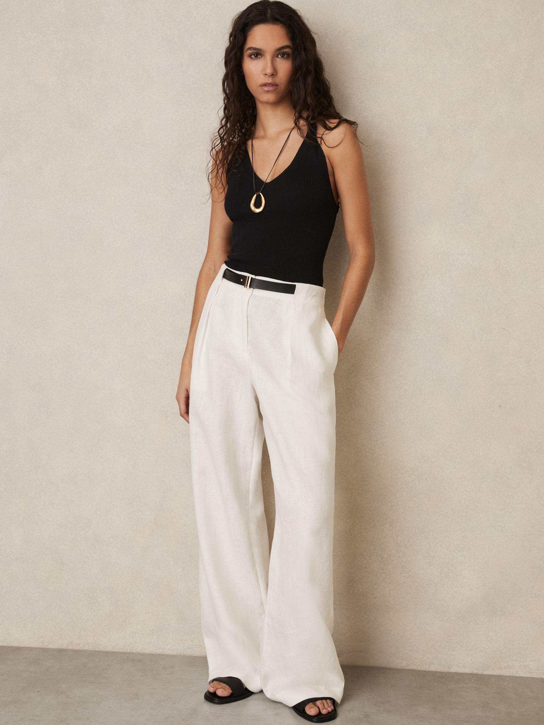 Petite Linen Belted Wide-Leg Trousers in White Product Image