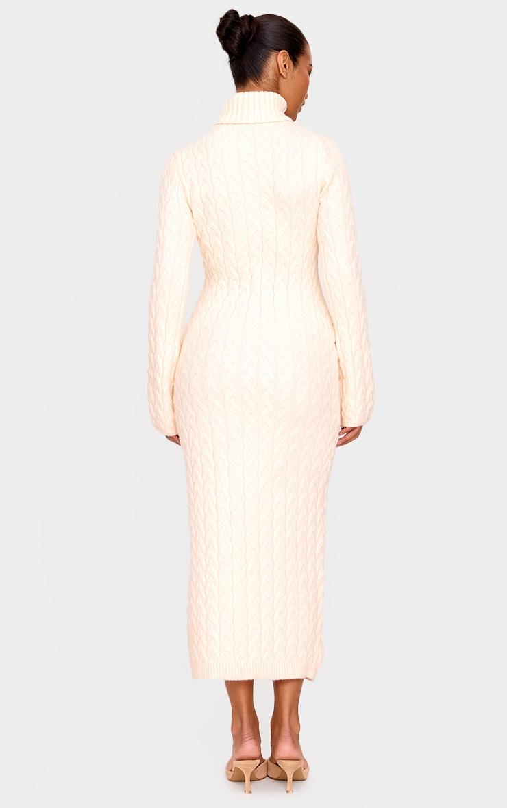 Oatmeal Chunky Cable Knit Roll Neck Maxi Sweater Dress Product Image