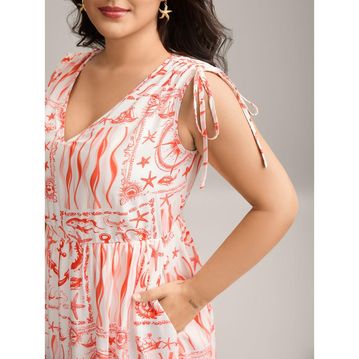 Plus Size Nautical Print Sleeveless Ties Pockets Maxi Dress Coral Women V-neck Sleeveless Curvy BloomChic 18-20/2X Product Image