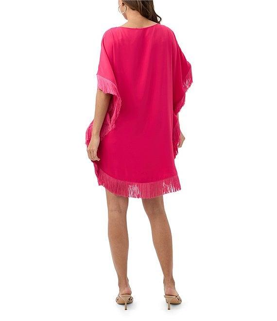 Trina Turk Neena Georgette Boat Neck Short Dolman Sleeve Fringe Caftan Mini Dress Product Image