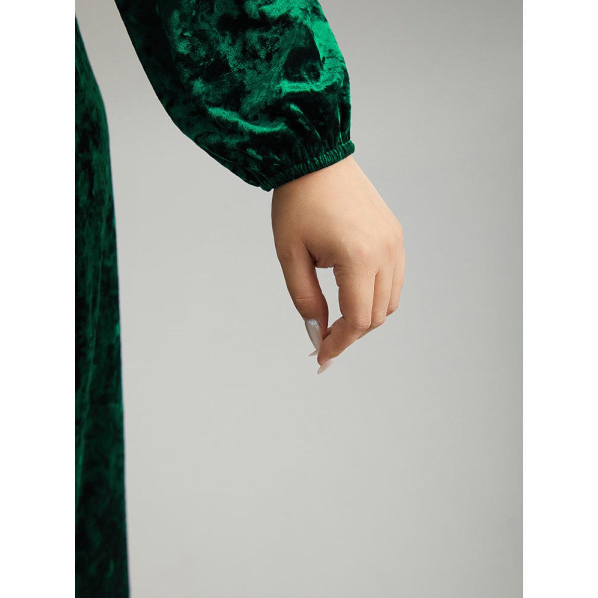 Plus Size Solid Velvet One Shoulder Elastic Waist Dress Cyan Women Glamour Elastic cuffs One Shoulder Long Sleeve Curvy Midi Dress BloomChic 28/5X Product Image