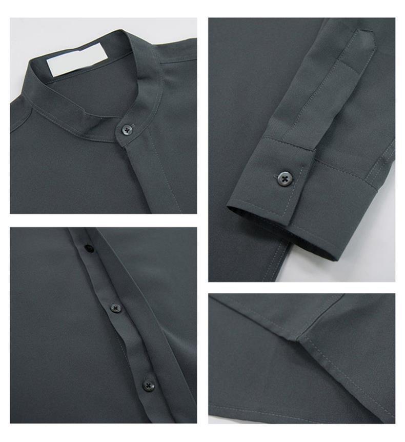 Long Sleeve Band Collar Plain Button Shirt Product Image
