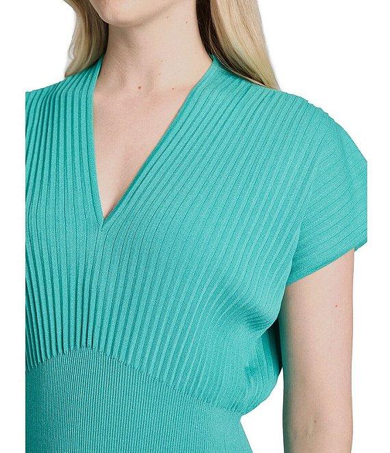 Ming Wang x Tanya Foster Ribbed Knit V-Neck Short Sleeve Fit-And-Flare Dress Product Image