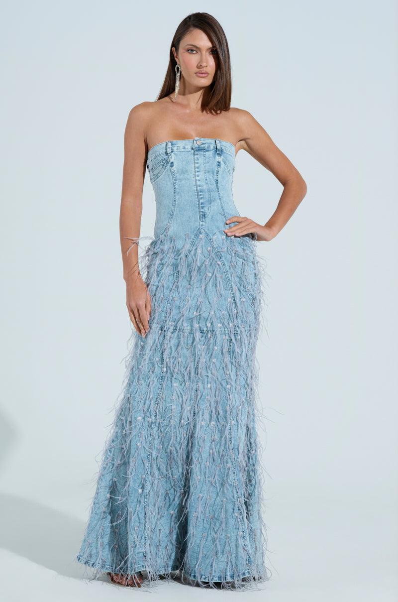 BRITTANY FEATHER DENIM MAXI DRESS Product Image