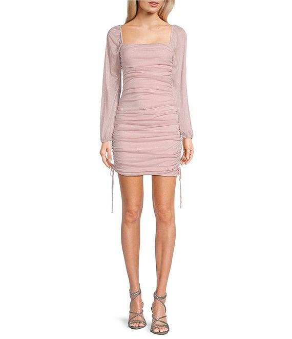 Jump Glitter Square Neck Ruched Long Sleeves With Ties At Hemline Dress Product Image