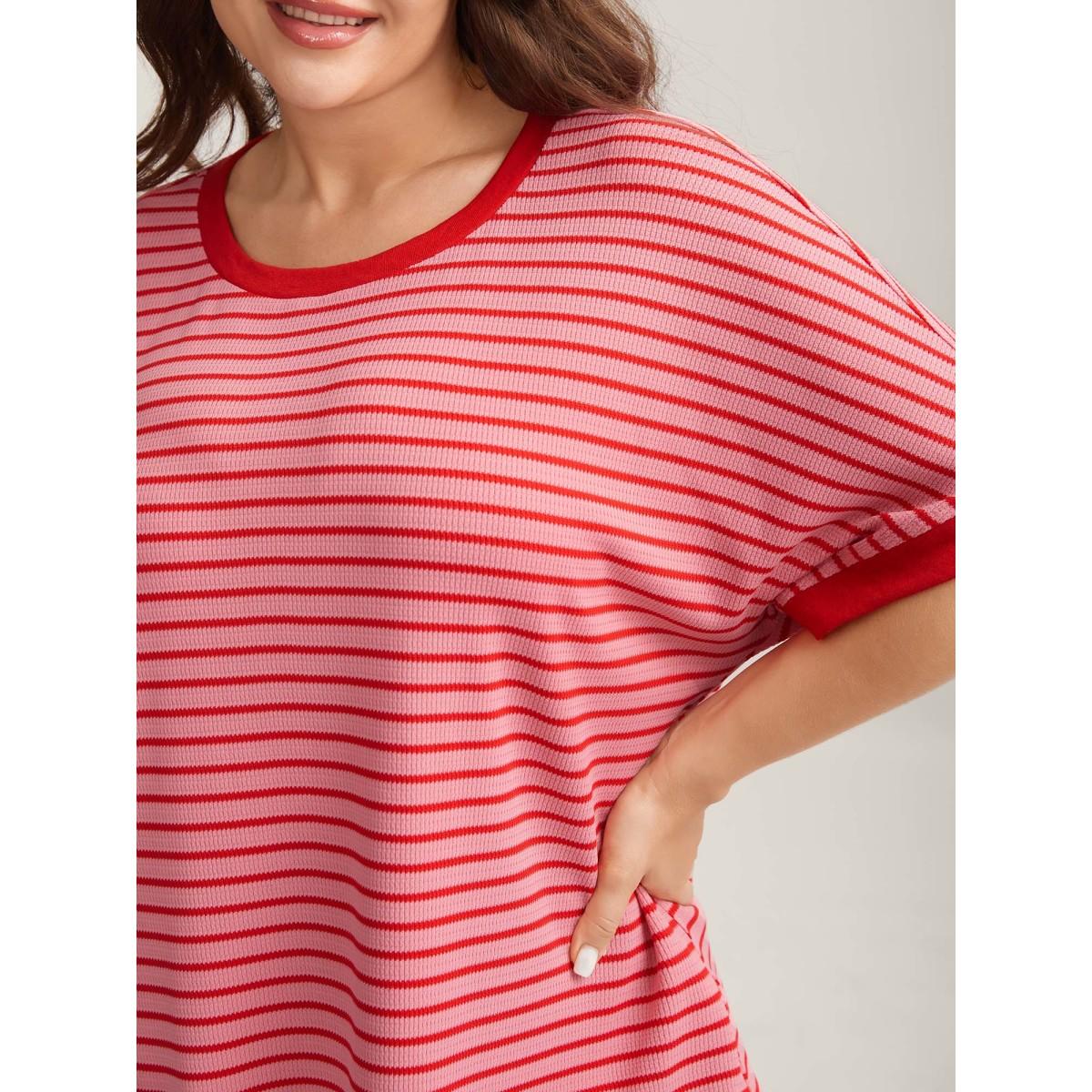 Plus Size Romantic Stripes Contrast T-Shirt Blush Women Playful Gathered Round Neck Loose Casual T-shirts BloomChic 10/M Product Image